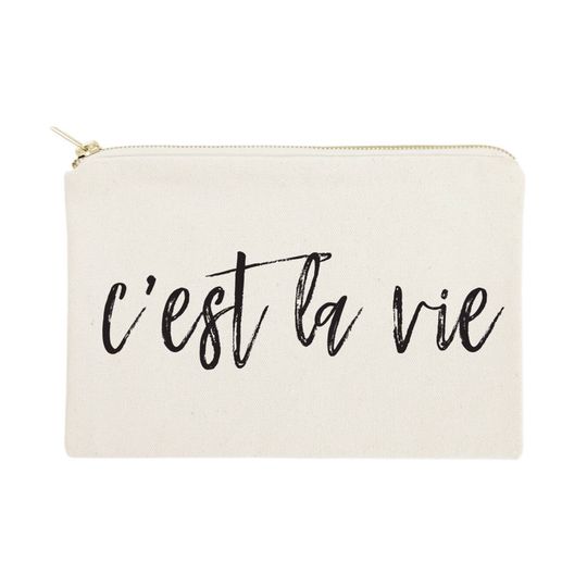 Discover C'est La Vie Cotton Canvas Cosmetic Bag, Toiletry Bag and Travel Makeup Pouch