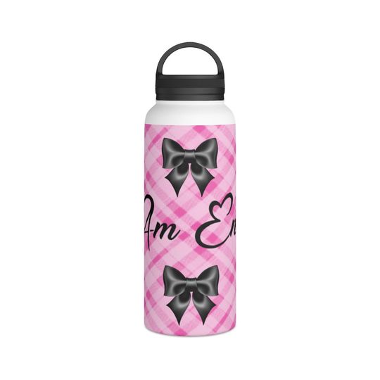 Discover I Am Enough Pink Plaid Black Bows Stainless Steel Water Bottle, Handle Lid