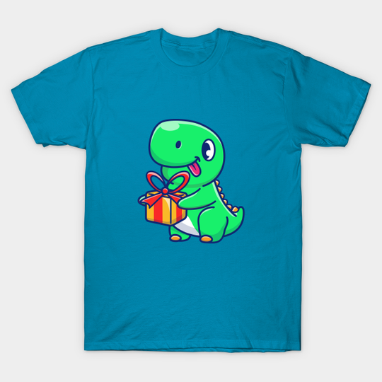 Discover Cute Dinosaur Holding Gift Cartoon - Dinosaur - T-Shirt