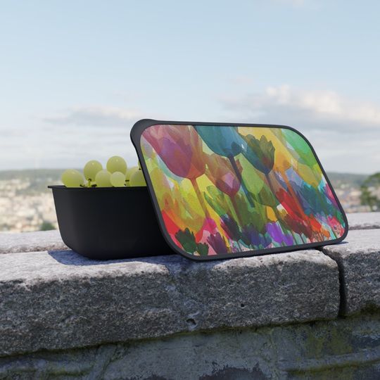 Discover Vintage tulip pattern. PLA Bento Box with Band and Utensils.