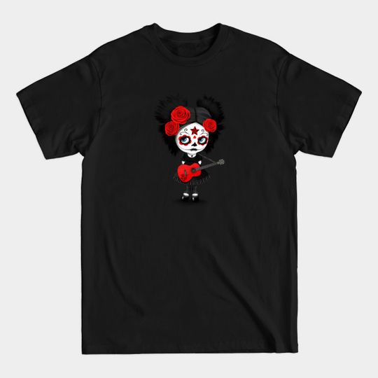 Discover Red Sugar Skull Big Eyed Girl Playing the Guitar - Day Of The Dead - T-Shirt