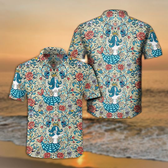 Discover Men's Hawaiian Mermaid and Flower Tattoo Print Shirt
