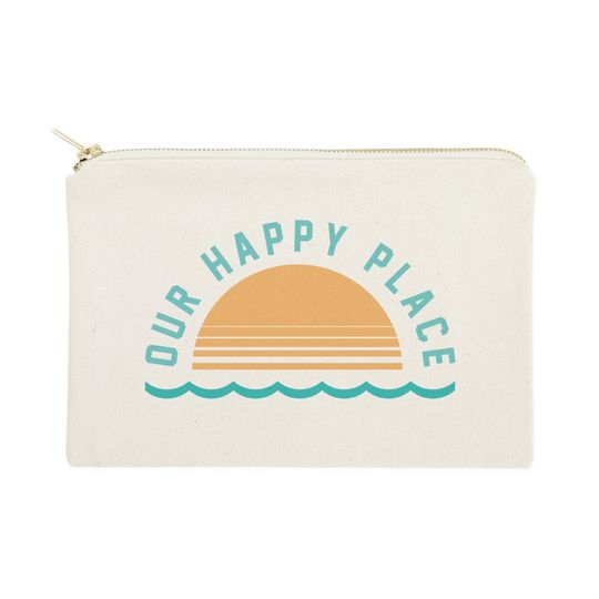 Discover Our Happy Place Cotton Canvas Cosmetic Bag, Toiletry Bag and Travel Makeup Pouch