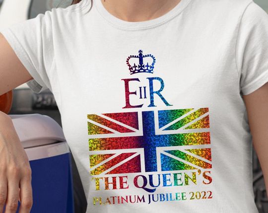 Discover Queen Elizabeth II Platinum Jubilee 2022 CELIBRATION official Emblem T shirt, Rainbow Glitter The Queen Of England Shirt, Union Jack Queen's