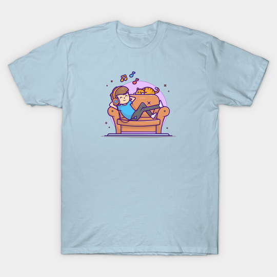 Discover Happy Boy Listening Music On Sofa with Cute Cat, Tune, and Notes of Music Cartoon Vector Icon Illustration - Happiness - T-Shirt