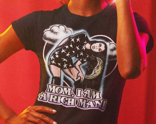 Discover I am a rich man shirt, 80s vintage pastel shirt, 70s cher shirt