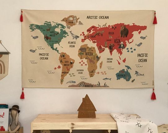 Discover World Map Tapestry, Organic Cotton Fabric Tapestry, Kid Room Tapestry