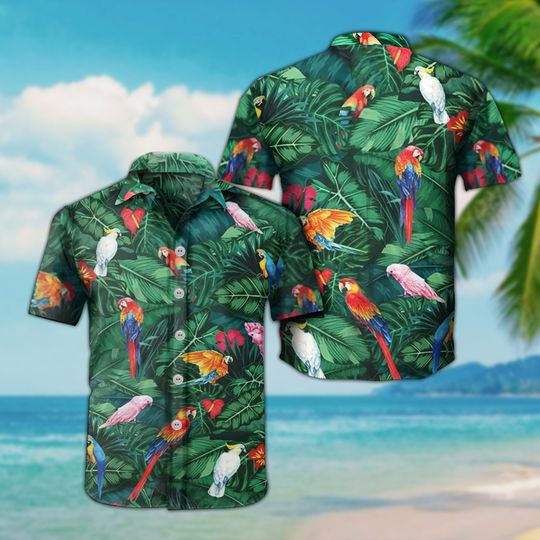 Discover Tropical Parrots Dark Green Hawaiian Shirt, Summer Aloha Hawaii Shirt