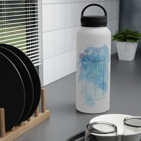 Discover Doctor Who TARDIS Watercolor Inspired Stainless Steel Water Bottle, Handle Lid