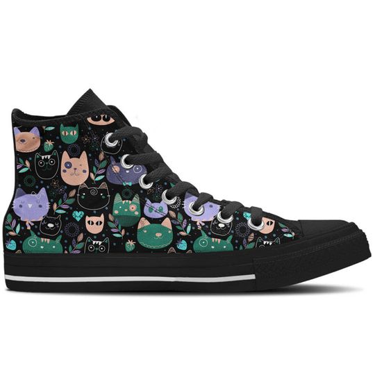 Discover Women's High Top Sneaker with Cat Pattern 'Black Kitty'