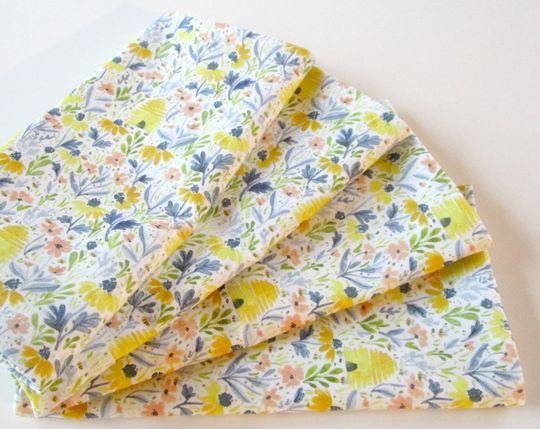 Discover Cloth Napkins - Sets of 4 - White Blue Yellows Beehives Bees Flowers Floral
