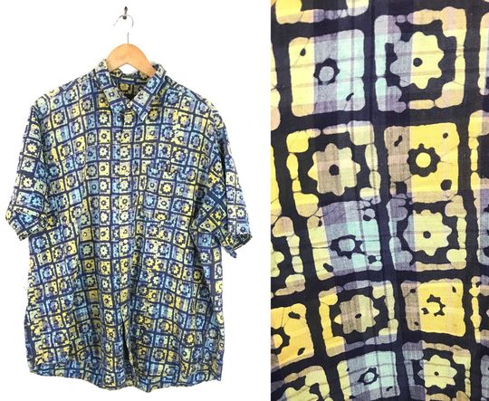 Discover Vintage Blue Green & Yellow Abstract Hawaiian Shirt