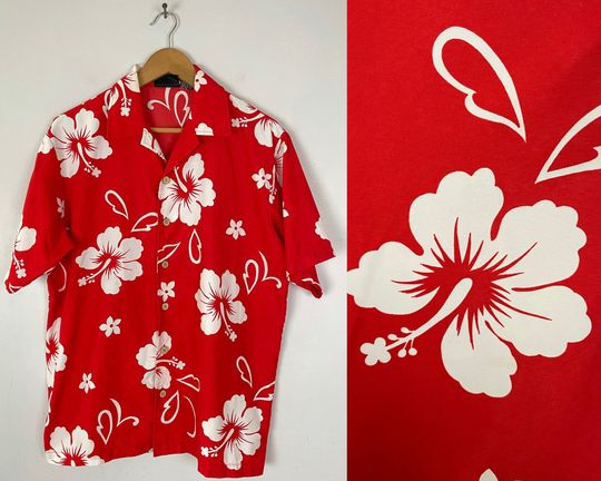 Discover Vintage Red & White Floral Hawaiian Shirt