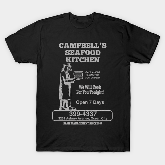 Discover Campbell's Seafood Kitchen - Grey Print - Ocean City New Jersey - T-Shirt