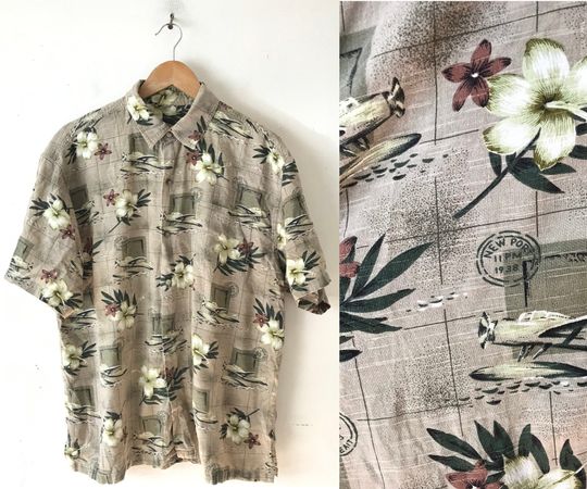 Discover Vintage Tan Floral Airplane Print Hawaiian Shirt