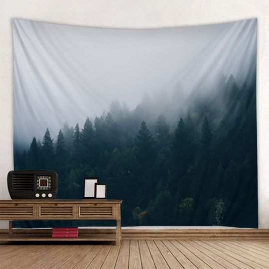 Discover Misty Forest Tapestry Foggy Mountain Wall Tapestry Pine Trees Wall Hanging Nature Woodland Tapestries