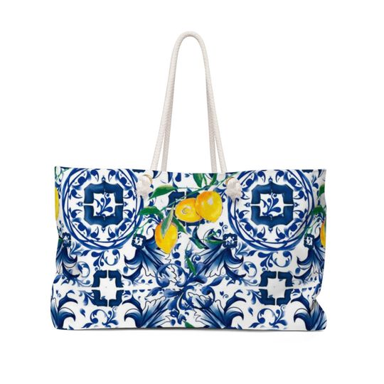 Discover Majolica, lemons, Sicilian tiles, Mediterranean art Weekender Bag