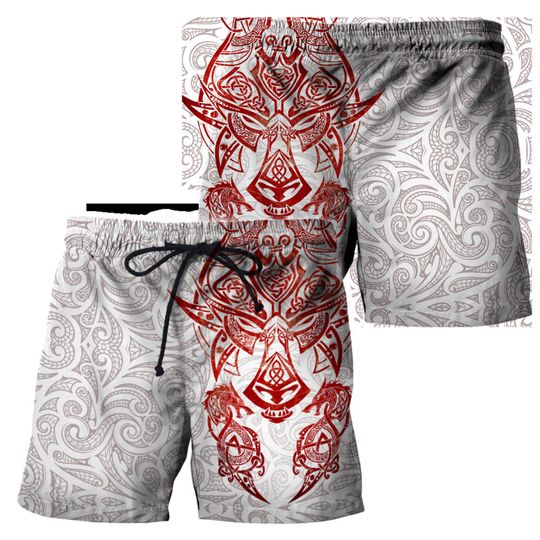 Discover Red & White Viking Dragon Beach Shorts For Men