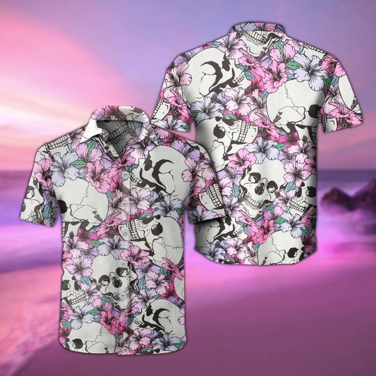 Discover Men's Cool Skull Flowers Button Up Hawaiian Shirt