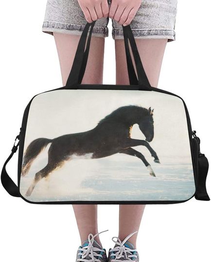 Discover Sports Gym Bag, Black Horse Jumps Out Snow Winter, Travel Bags, Duffle Bag, Fitness Handbag