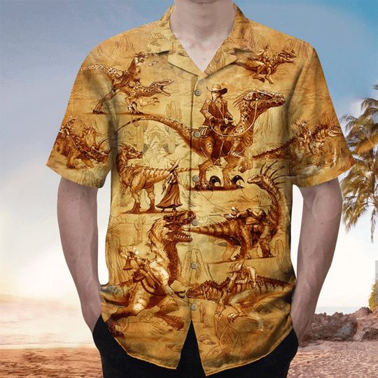 Discover Cowboys Riding Dinosaurs Hawaiian Shirt