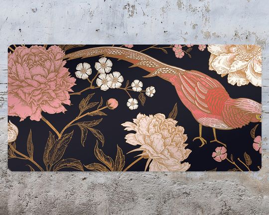 Discover Peony With Exotic Bird  Desk Mats