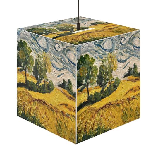 Discover Original Contemporary Impressionism Sunny Day Yellow Landscape Oil Painting printed on a square cube Lamp lounge lighting
