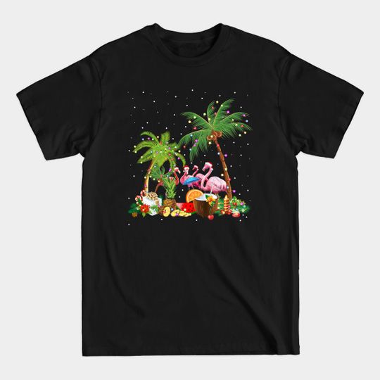 Discover Flamingo Santa Hat Christmas Palm Coconut Tree Lights Pajama - Tropical Hawaiian Coconut Xmas Tree Cos - T-Shirt