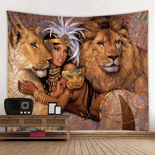 Discover Girl with Lion Tapestry Egyptian Queen Kleopatra Wall Tapestry