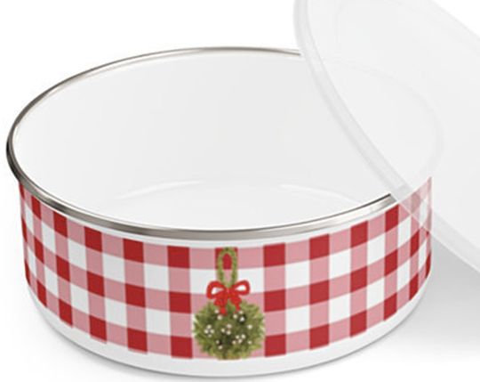 Discover Red and White Gingham and Mistletoe Enamel Bowl with Lid - Plain or Personalized