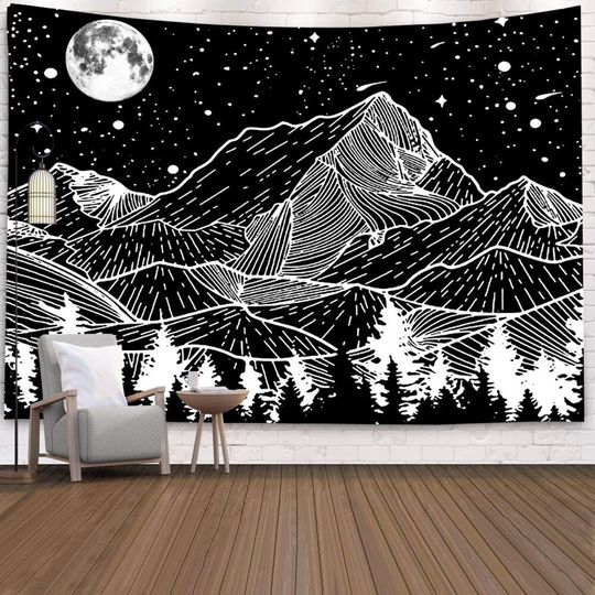 Discover Black Mountain Tapestry Moon and Stars Wall Hanging Abstract Art Wall Decor Landscape Scenery Tapestries