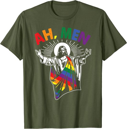 Discover Ah Men Funny LGBT Gay Pride Jesus Rainbow Flag Christian T-Shirt