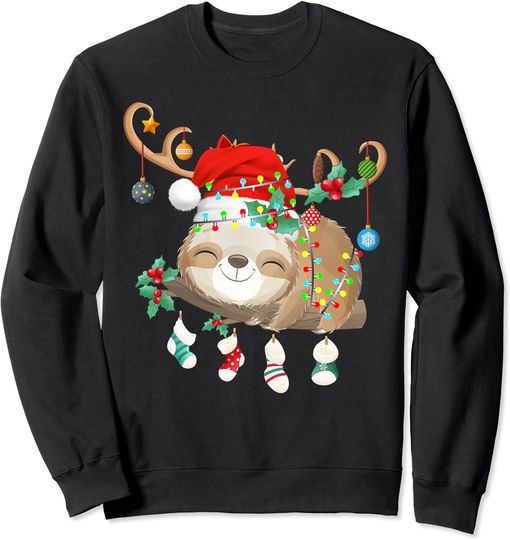 Discover Sloths Xmas Gift Lighting Reindeer Santa Hat Sloth Christmas Sweatshirt