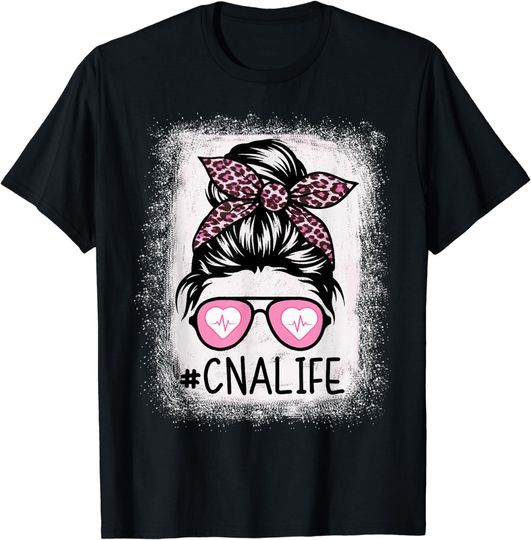 Discover CNA T-Shirt CNA Nurse Life Bleached Pink Leopard Messy Bun Womens