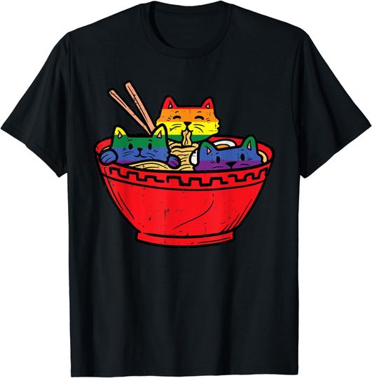 Discover Lgbtq Ally Flag T-Shirt Cats in Ramen Anime Food LGBTQ Rainbow Flag Gay Pride Ally