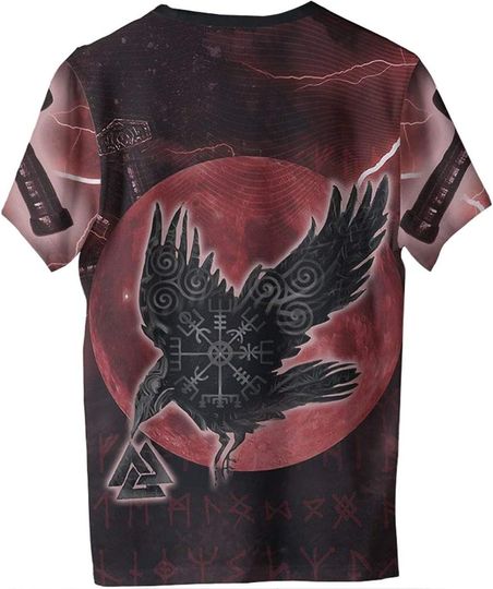 Discover Men's Fashion Raven 3D Printed T-Shirt, Summer Quick Dry Thor's Hammer Viking Short Sleeve Top,Red,4XL