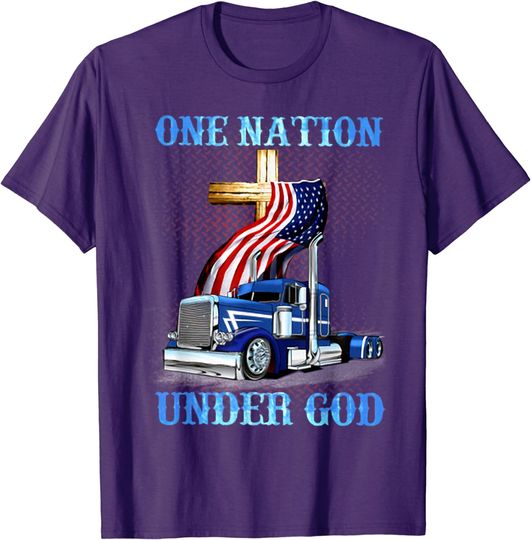 Discover Blue Trucker Truck Driver American Flag One Nation Under God T-Shirt