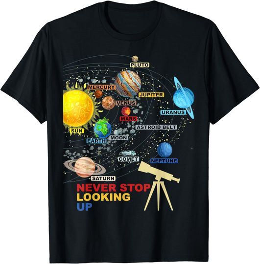 Discover Solar System Planets - Never Stop Looking Up - Astronomy T-Shirt