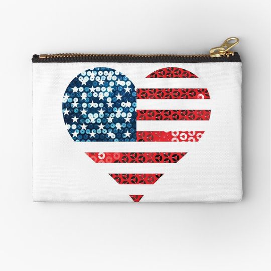 Discover Usa flag heart sequin print Zipper Pouch