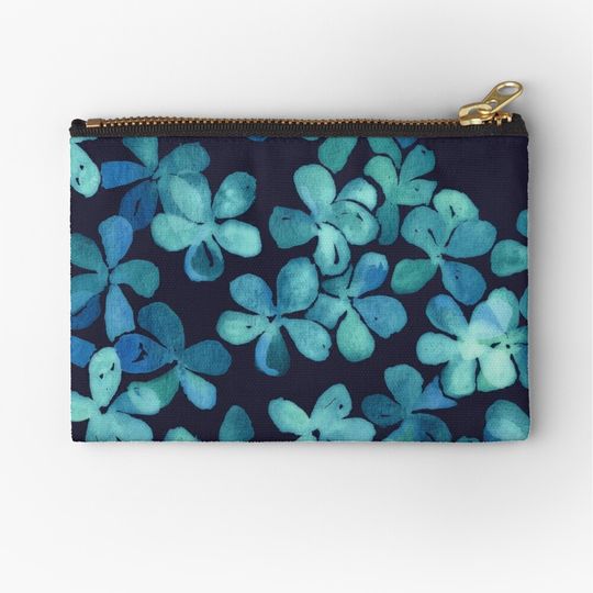 Discover Hand Painted Floral Pattern in Teal & Navy Blue Makeup Bags