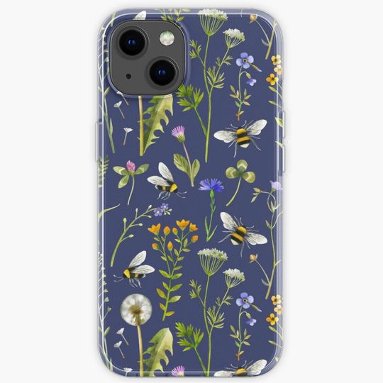 Discover Bees and wildflowers on dark blue iPhone Case