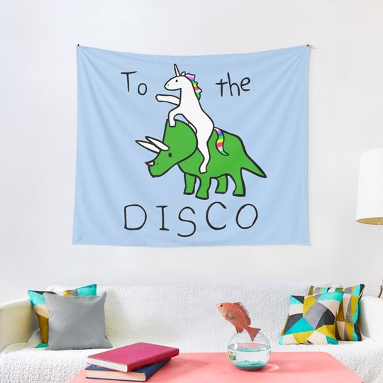 Discover To The Disco (Unicorn Riding Triceratops) Tapestry