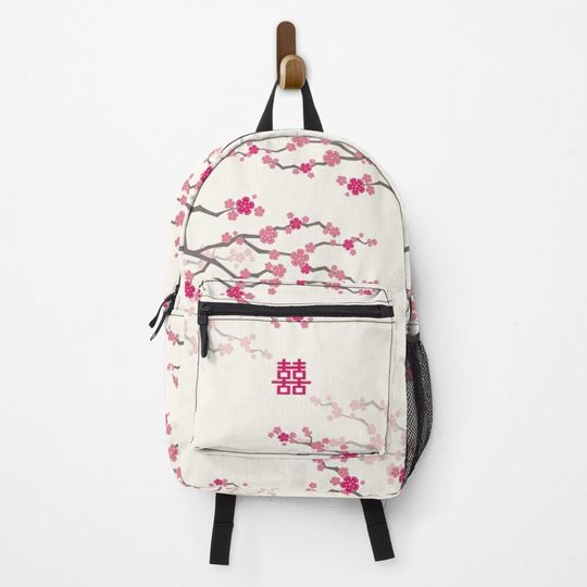 Discover Fuchsia Pink Oriental Cherry Blossoms on Cream and Chinese Wedding Double Happiness | Japanese Sakura © fatfatin  Backpack