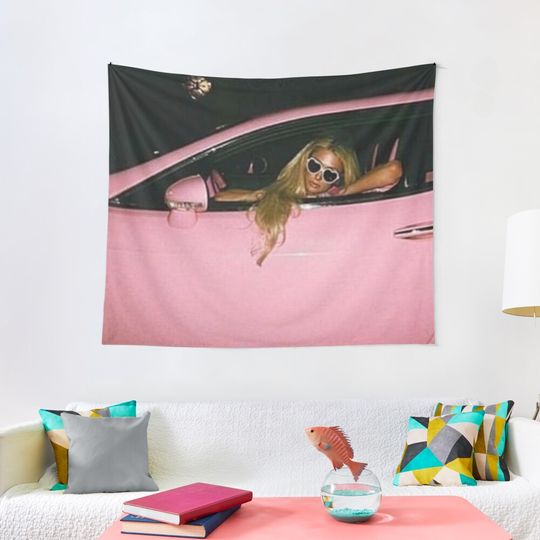 Discover paris hilton on a pink car y2k design Tapestry