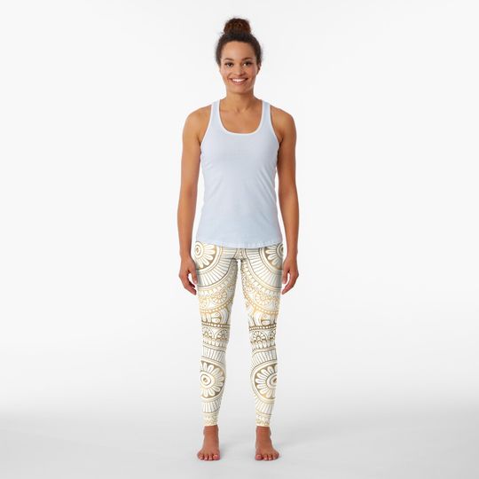 Discover Mandala Gold Pattern Illustration With White Shimmer Leggings