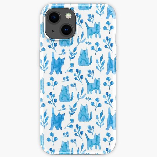 Discover Blue watercolor cats, flowers and berries. Summer art. iPhone Case