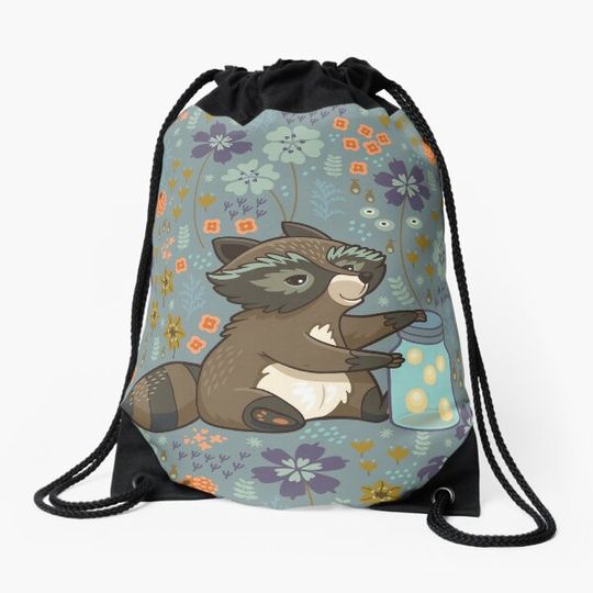 Discover Funny little raccoon collects crickets Drawstring Bag