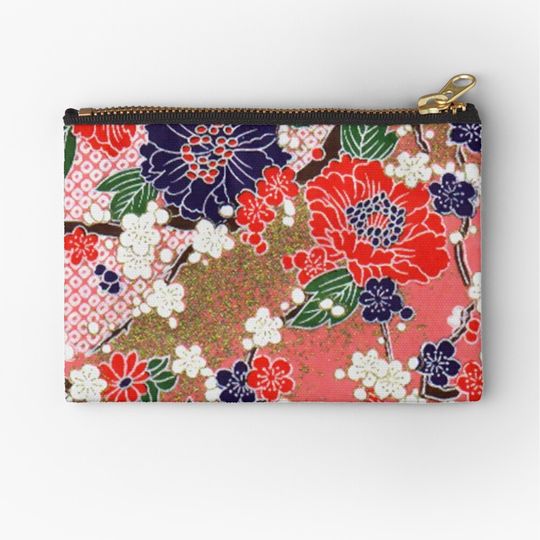 Discover Red Blue White Spring Flowers In Pink And Gold Antique Japanese Floral Makeup Bags