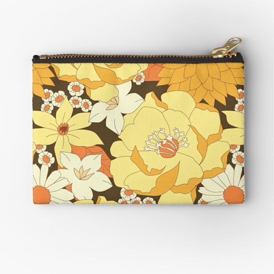 Discover Yellow Orange And Brown Vintage Floral Pattern Makeup Bags