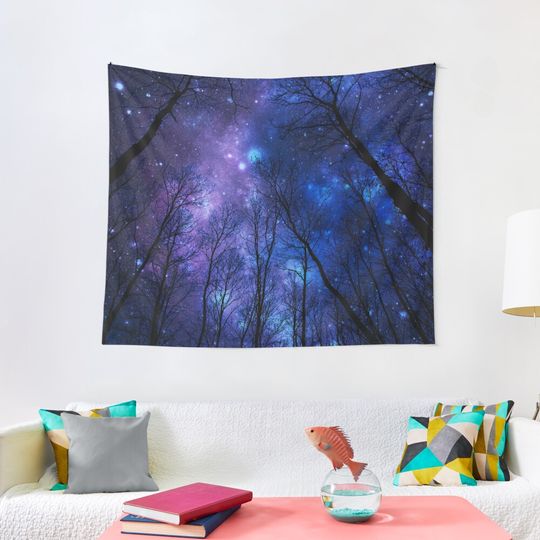 Discover Black Trees Deep Blue Purple Space Tapestry